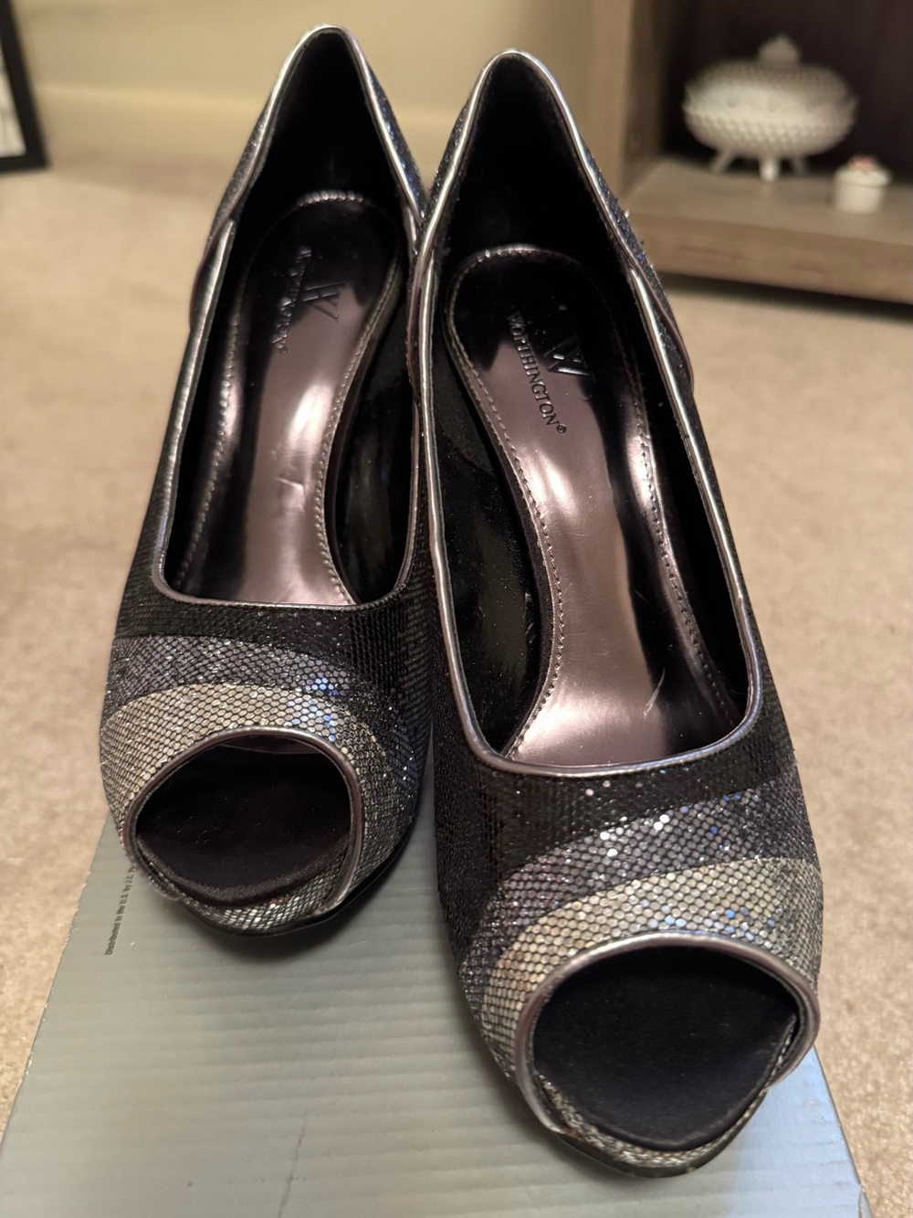 Worthington Black and Silver Glitter Peep-Toe Heels
